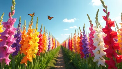 Rows of colorful gladiolus flowers bloom in a field under a clear blue sky. Butterflies fly among the vibrant petals, creating a scene of natural beauty and summer joy.
