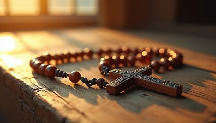 Close-up of wooden rosary beads and crucifix on an old table bathed in warm sunlight. A religious symbol of prayer and faith used in Catholic and Christian devotion.