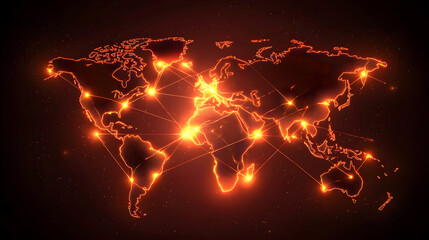 Glowing world map with interconnected lines representing global connections and networks
