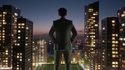 A man stands tall, overlooking a city at night, a symbol of success.