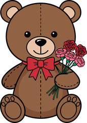 Fototapeta premium Cute brown teddy bear character with a red bow tie holding a bouquet of pink and red roses isolated on white background.