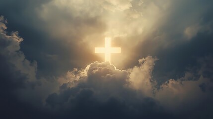 A radiant beam of sunlight pierces through a dramatic, cloudy sky, illuminating a cross at its center. The image evokes a sense of spirituality and divine presence, with the light symbolizing hope and