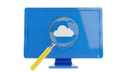 Computer screen with magnifying glass over cloud icon