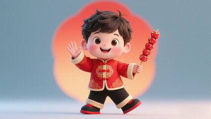 3D Rendered Cute Cartoon Boy in Traditional Chinese Red Tang Suit Holding Candied Hawthorn and Waving, Festive Illustration for 2026 Lunar New Year (Year of the Horse)