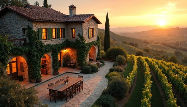 Tuscan villa with vineyard at sunset. Stone house features arched porch, outdoor dining area. Rolling hills and vineyards create scenic landscape. Warm golden hour light bathes the estate.