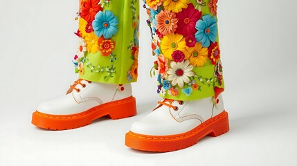The image features a pair of legs wearing vibrant, multicolored floral pants paired with white platform shoes. The pants are adorned with bright flowers in various colors, including red, blue, yellow,