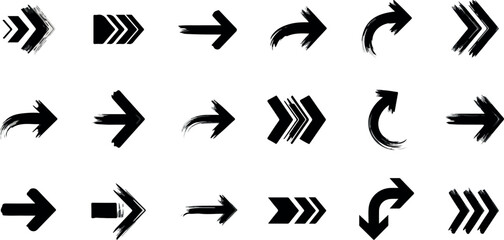 Collection of various black direction arrows on a white background illustrating different directions and movements