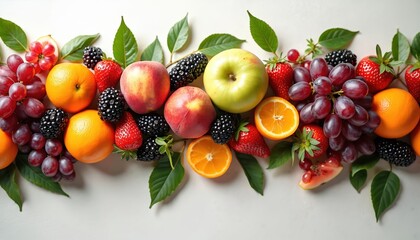 Assorted fresh fruits like grapes, strawberries, oranges, apples, blackberries arranged in natural garland with green leaves. This vibrant mix offers healthy, organic food concept for various uses.
