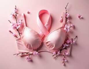Pink bra with breast cancer awareness ribbon and cherry blossoms. Symbol of female health, hope, and support. Delicate flowers on satin lingerie.