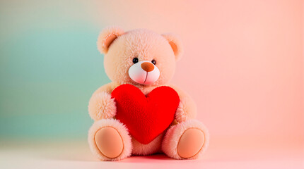 Cute teddy bear holding a red heart symbol of love.