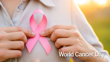Woman displays pink ribbon symbol for cancer awareness and support campaign.