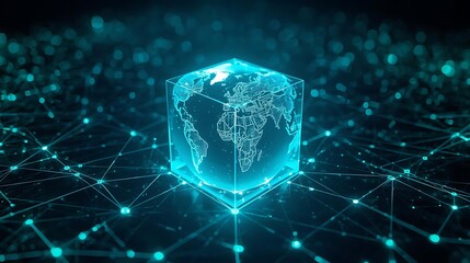 The image depicts a 3D cube with a glowing globe inside, representing global connectivity. The cube is set against a backdrop of interconnected nodes and lines, symbolizing a complex network. The glob