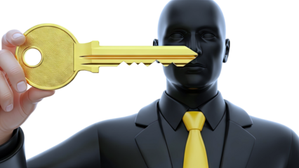 Man in Suit Holding Golden Key to Face