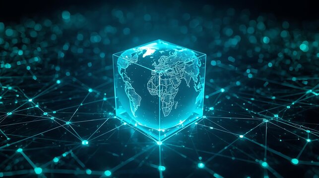 The image depicts a 3D cube with a glowing globe inside, representing global connectivity. The cube is set against a backdrop of interconnected nodes and lines, symbolizing a complex network. The glob - Powered by Adobe