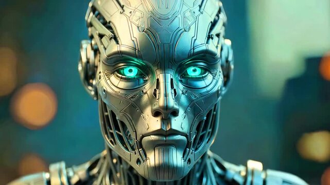 Intricate metallic android face featuring piercing, glowing cyan eyes showcases advanced robotics and futuristic artificial intelligence design elements in close-up.