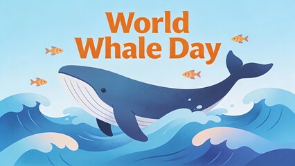 World Whale Day celebration with a blue whale swimming in ocean waves.