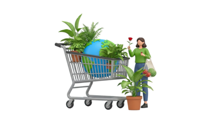 Woman and Shopping Cart with Earth and Plants, Sustainability Concept