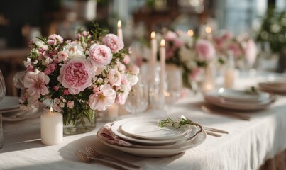Elegant Minimal Romantic Table Setup for a Special Day with Floral Arrangements