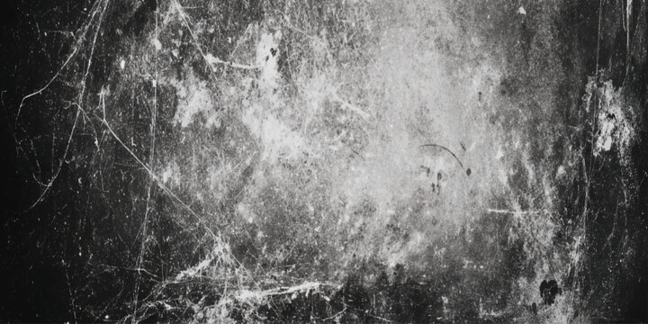 A distressed black and white texture featuring cracks scratches and blurred shapes suggesting age and decay