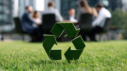 Focus on green recycling symbol in grass, blurred office meeting in background