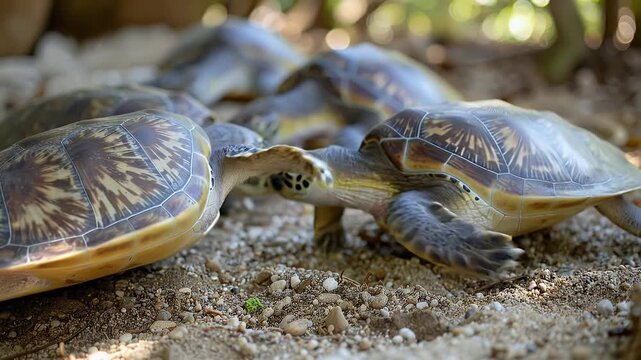 Close-up of several sea turtles resting on the sand together.