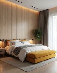 Modern bedroom with wooden wall paneling and large window. A comfortable bed is dressed with white linens and accent pillows. An orange ottoman sits at the foot of the bed. A potted plant adds plants.