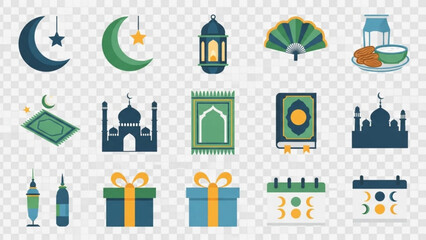 Collection of islamic symbols and elements for ramadan and eid celebrations in blue and green