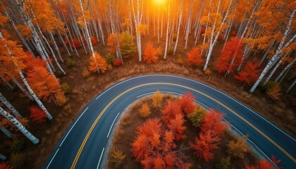 Aerial view of curving road through forest ablaze with autumn colors. Birch trees with white trunks stand among trees vibrant orange, red leaves under warm sunset light. Scenic route offers beautiful