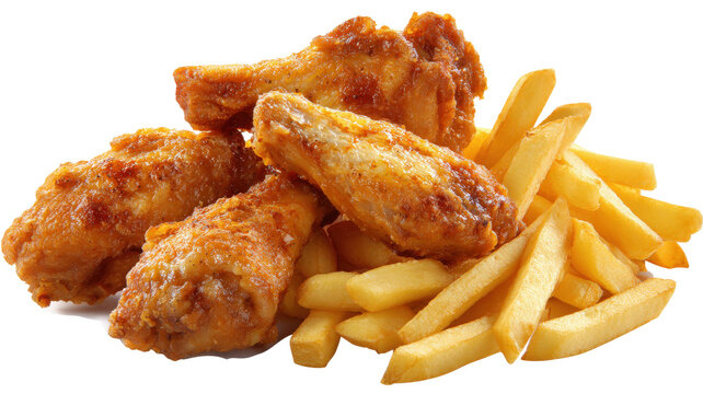 Fried Chicken Wings With Fries Fast Food isolated on a white background