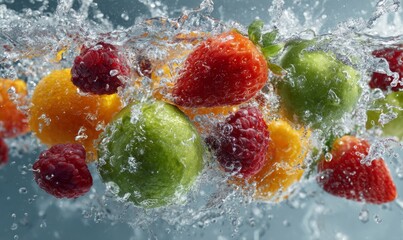 Fresh Fruit Splash with High-Speed Water Action in Vibrant Colorful Display