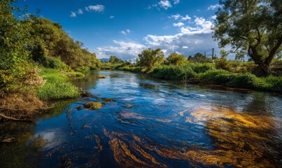 Pollution Impact on Natural River System with Clean Water and Scenic Landscape