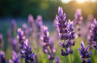 Obraz premium Close up of blooming lavender plants bathed in warm sunlight. Lush green meadow forms blurred background, highlighting purple flower spikes in soft focus, capturing nature gentle beauty.