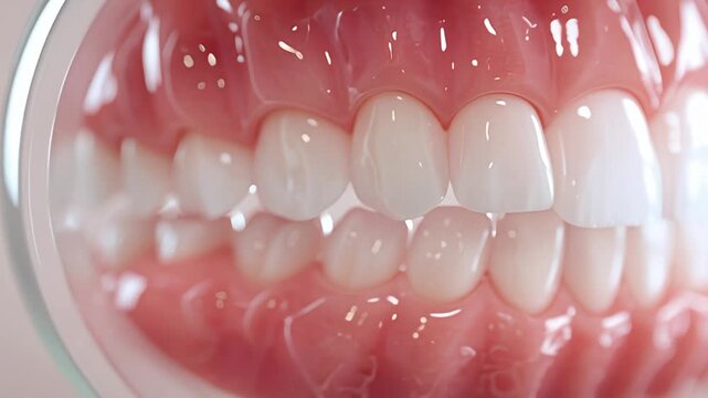A close-up view of healthy human teeth and gums in a dental mirror reflection showing cleanliness and oral hygiene