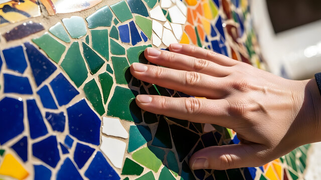 Close-up of hand touching colorful mosaic tiles on a decorative surface
