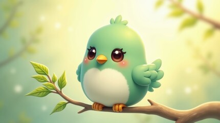 Cute green bird on a branch