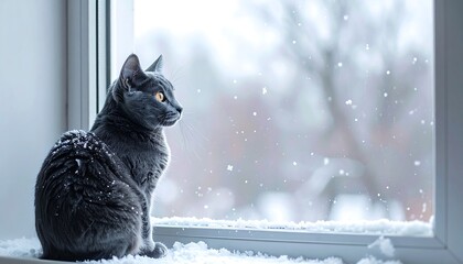 Gray cat sits on windowsill looking outside at a snowy landscape