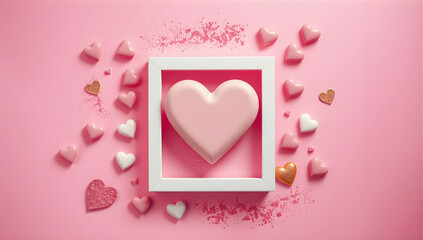 Pink background with various pastel-colored heart shapes scattered. Central white frame encloses a large pink heart, surrounded by smaller hearts in pink, white, and glittery gold. 