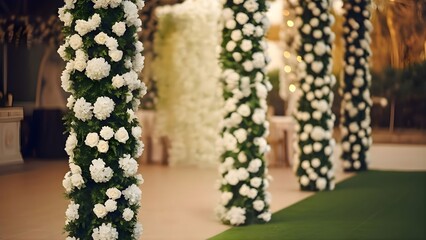 Elegant wedding aisle with floral columns and green carpet