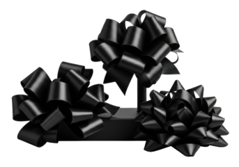three luxurious, intricately detailed black satin ribbon bows, macro shot emphasizing glossy texture and nuanced shadows, resting on a matte stand, transparent background. concept of high-end elegance