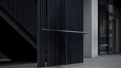 Modern building exterior with sleek metal railing and staircase