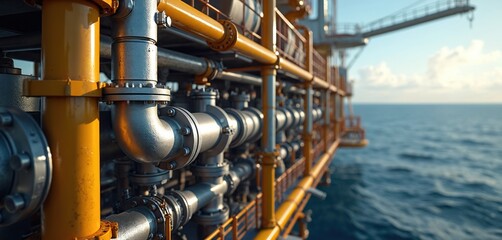Offshore oil and gas production platform with complex piping and machinery. Industrial complex floats on ocean water under sky. Energy infrastructure operates at sea.
