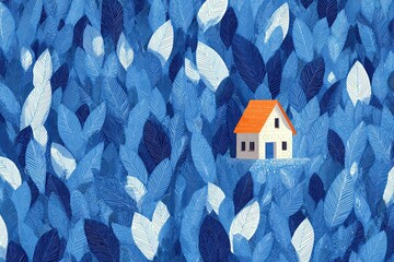 Cozy house nestled in a dense forest of blue leaves