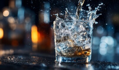 Captivating Splash of Whiskey in a Glass with Dramatic Lighting Effects
