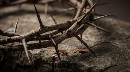 Close up of crown of thorns with blood drops on ancient stone. Biblical symbol of Jesus Christ passion and sacrifice. Christian religious concept for Lent and Good Friday.