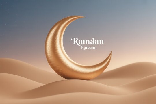 Ramadan Kareem greeting with golden crescent moon in desert