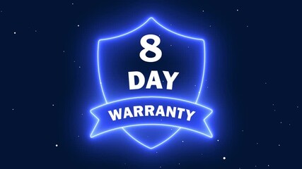 8 Day Warranty Blue Neon Shield Icon, Service Guarantee Badge for E-commerce and Customer Protection Digital Illustration