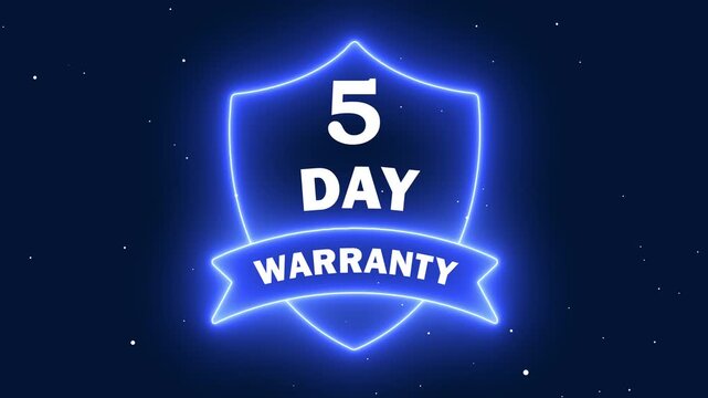A vibrant digital illustration of a glowing blue neon shield featuring '5 Day Warranty' text. A futuristic protection badge suitable for gaming interfaces, e-commerce trust signals, & product guaranty