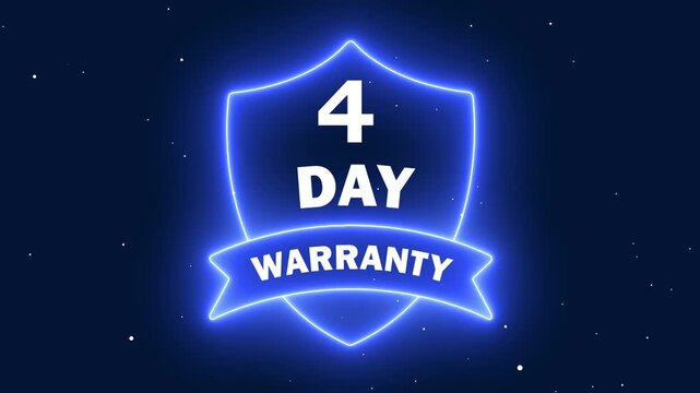 4 Day Warranty Badge Icon in Neon Blue Glowing Shield Style, Customer Satisfaction Guarantee and Purchase Protection Symbol for E-commerce and Retail Services.