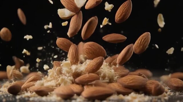 Almonds Falling Down with Flour, Close Up Shot, Black Background.