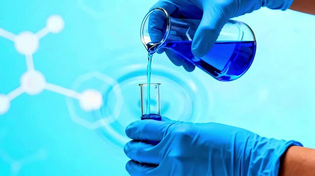 A scientist wearing bright blue protective gloves carefully pours vibrant blue liquid from an Erlenmeyer flask into a small glass test tube during an experiment